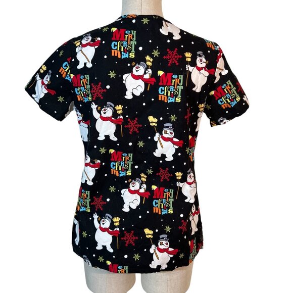 Frosty The Snowman Christmas Scrub Top Size XS 100% Cotton Black Short Sleeve - Picture 4 of 6